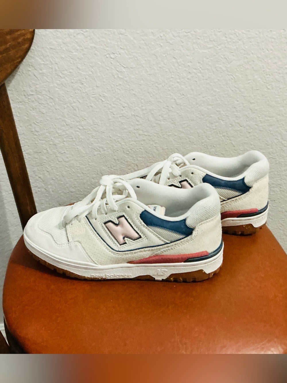 New Balance Woman’s White & Pink Suede Leather Sneakers with Navy Accents